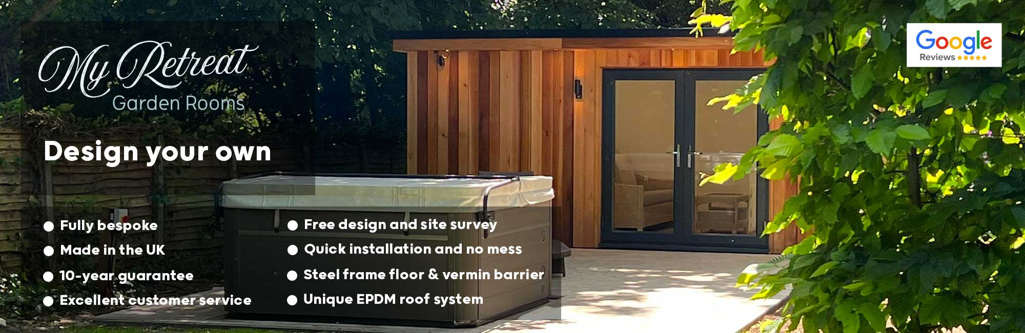 Secluded garden room retreat with a lounge and changing room next to a hot tub, finished with Western Red Cedar with shades of reddish brown mixed with dark brown and light rich tones.