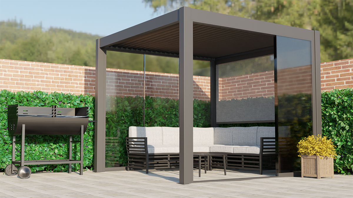 Frontal view of a 3m x 3m Romanso Luxury Aluminium Pergola with an anthracite grey finish, captured on a sunny day. The pergola features integrated LED lighting, optional electric blinds, and adjustable louvres, all controllable by a remote. It is elegantly situated on a patio, complemented by neatly trimmed hedging in the background. Nearby, there's a BBQ setup and comfortable seating arrangement, creating an inviting outdoor living space.