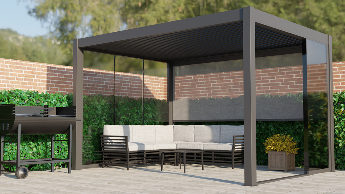 Frontal view of a 3m x 4m Romanso Luxury Aluminium Pergola with an anthracite grey finish, captured on a sunny day. The pergola features integrated LED lighting, optional electric blinds, and adjustable louvres, all controllable by a remote. It is elegantly situated on a patio, complemented by neatly trimmed hedging in the background. Nearby, there's a BBQ setup and comfortable seating arrangement, creating an inviting outdoor living space.