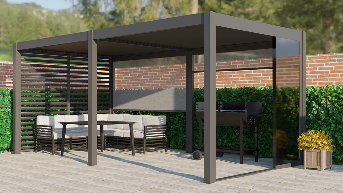 Frontal view of a 6m x 3m Romanso Luxury Aluminium Pergola with an anthracite grey finish, captured on a sunny day. The pergola features integrated LED lighting, optional electric blinds, and adjustable louvres, all controllable by a remote. It is elegantly situated on a patio, complemented by neatly trimmed hedging in the background. Nearby, there's a BBQ setup and comfortable seating arrangement, creating an inviting outdoor living space.