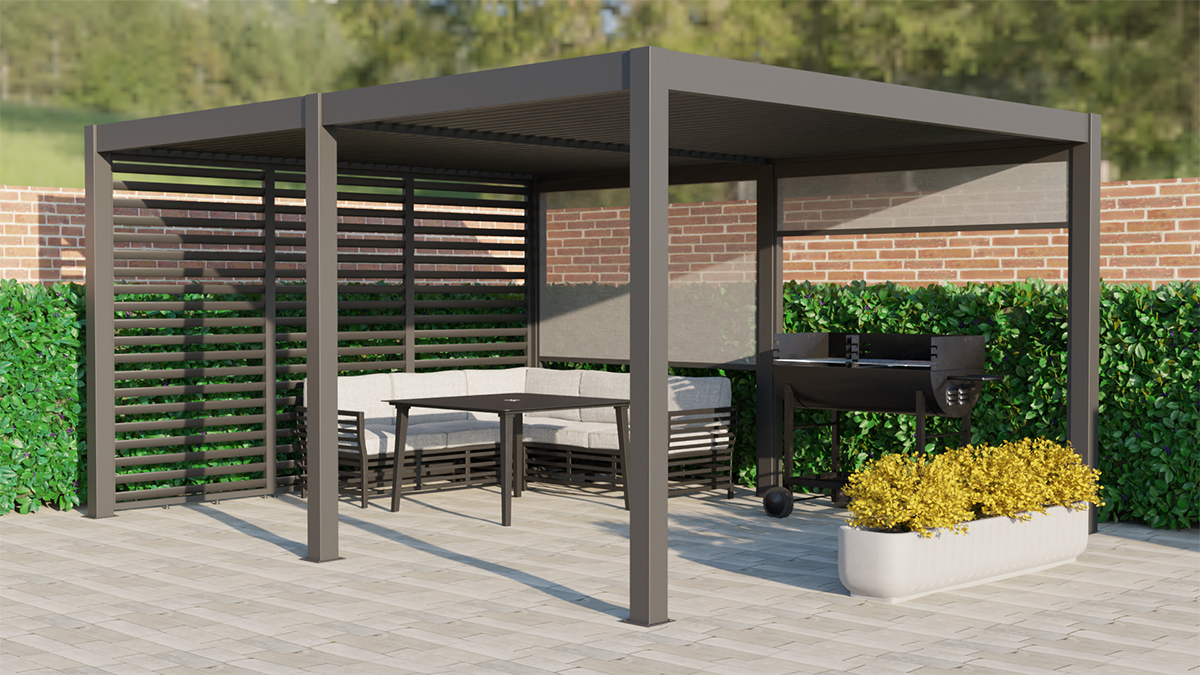 Frontal view of a 5m x 4m Romanso Luxury Aluminium Pergola with an anthracite grey finish, captured on a sunny day. The pergola features integrated LED lighting, optional electric blinds, and adjustable louvres, all controllable by a remote. It is elegantly situated on a patio, complemented by neatly trimmed hedging in the background. Nearby, there's a BBQ setup and comfortable seating arrangement, creating an inviting outdoor living space.