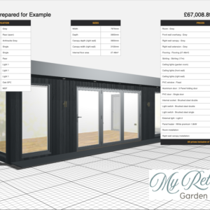 7.7m x 4m Westbury Garden Room example with an adjoining 4m x 3.1m canopy, ideal for hut tubs, alfresco dining and outdoor kitchens.