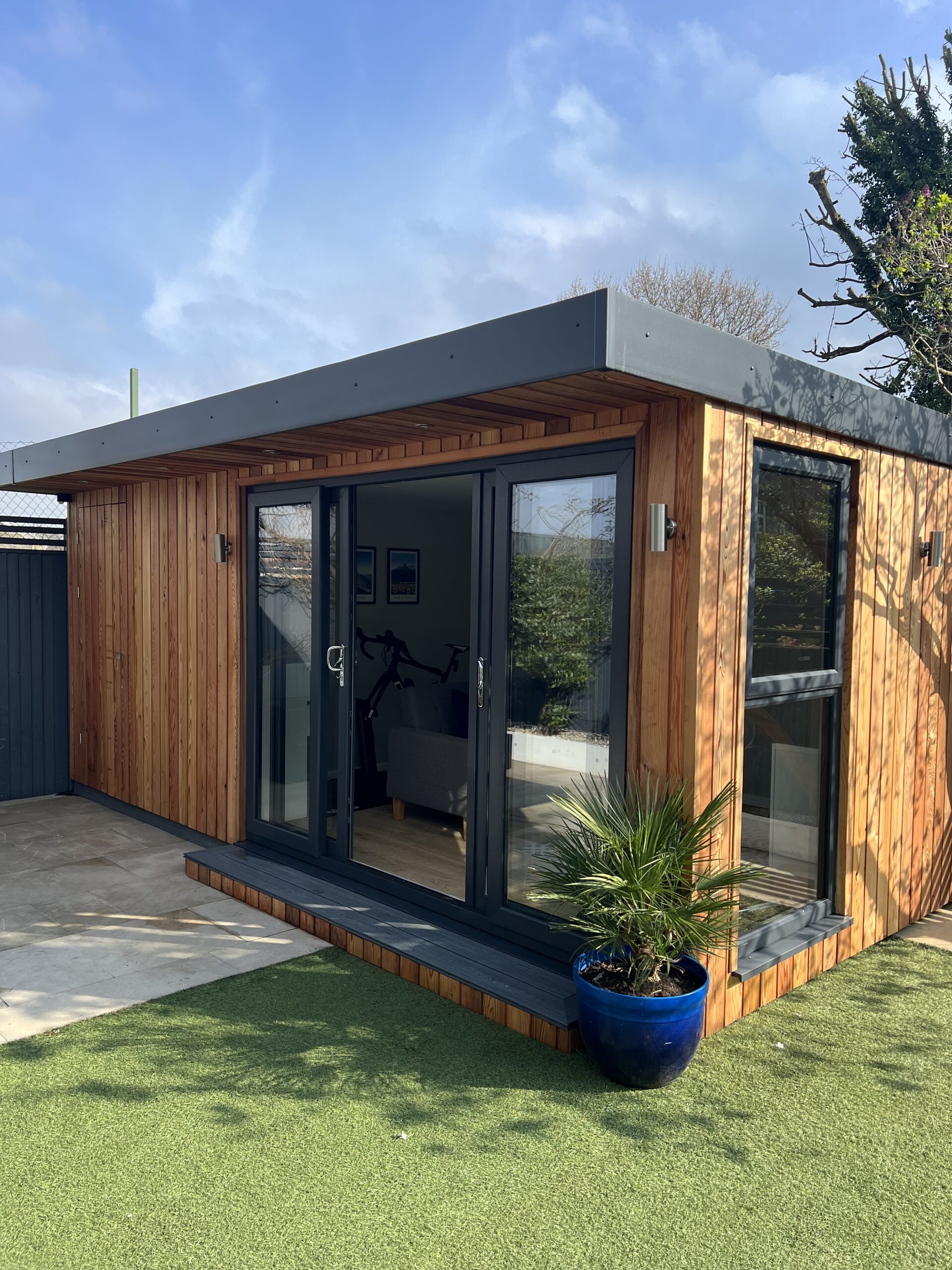 Completed My Retreat garden room exterior, same garden angle as build progress photos