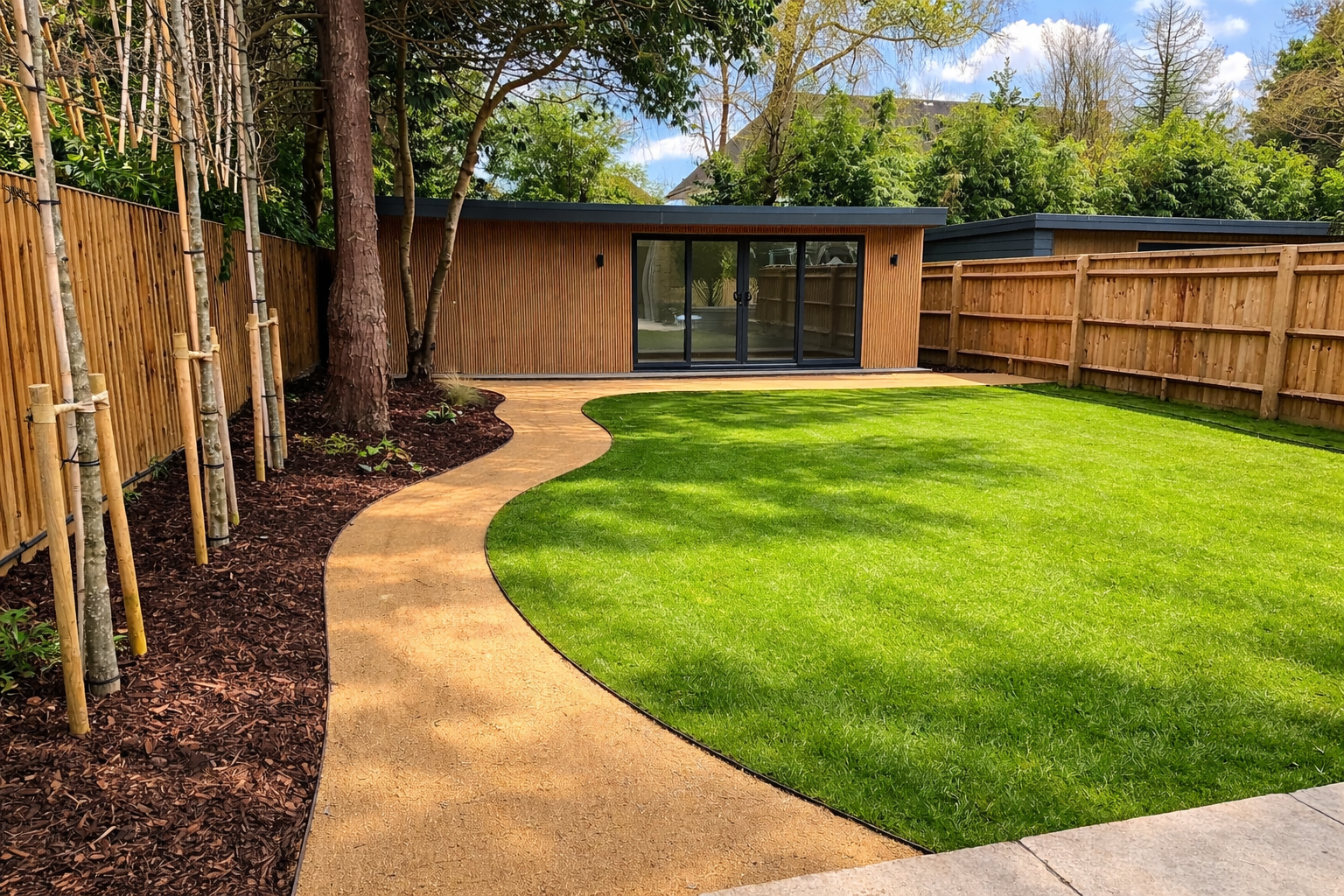 EcoScape natural oak composite clad garden room with four-pane sliding doors