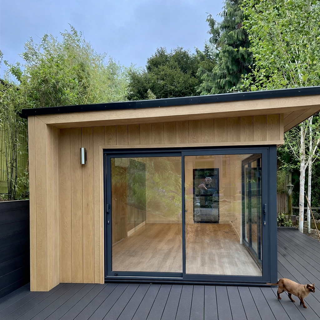 Westbury garden room end elevation with Millboard cladding and corner glass bifold and sliding doors
