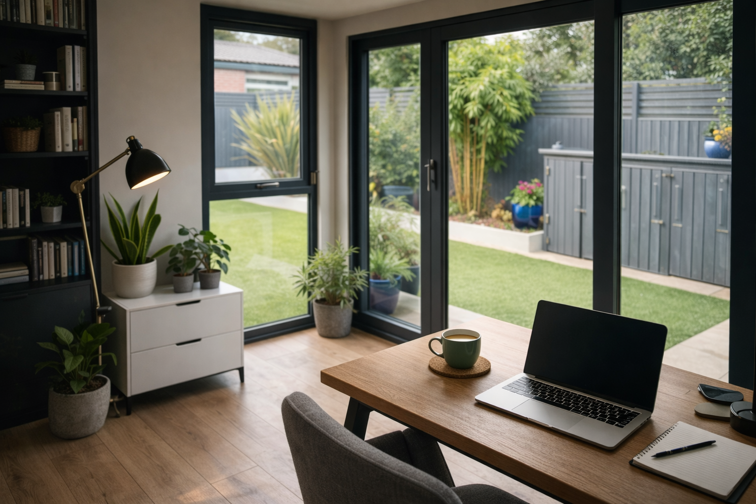 A garden room from the inside looking out with a desk and laptop