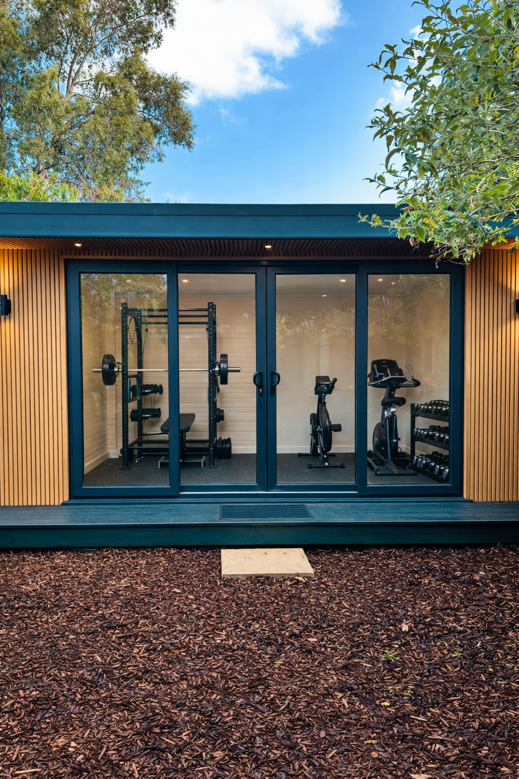 Modern garden room gym in a tranquil Surrey garden setting built by My Retreat Garden Rooms