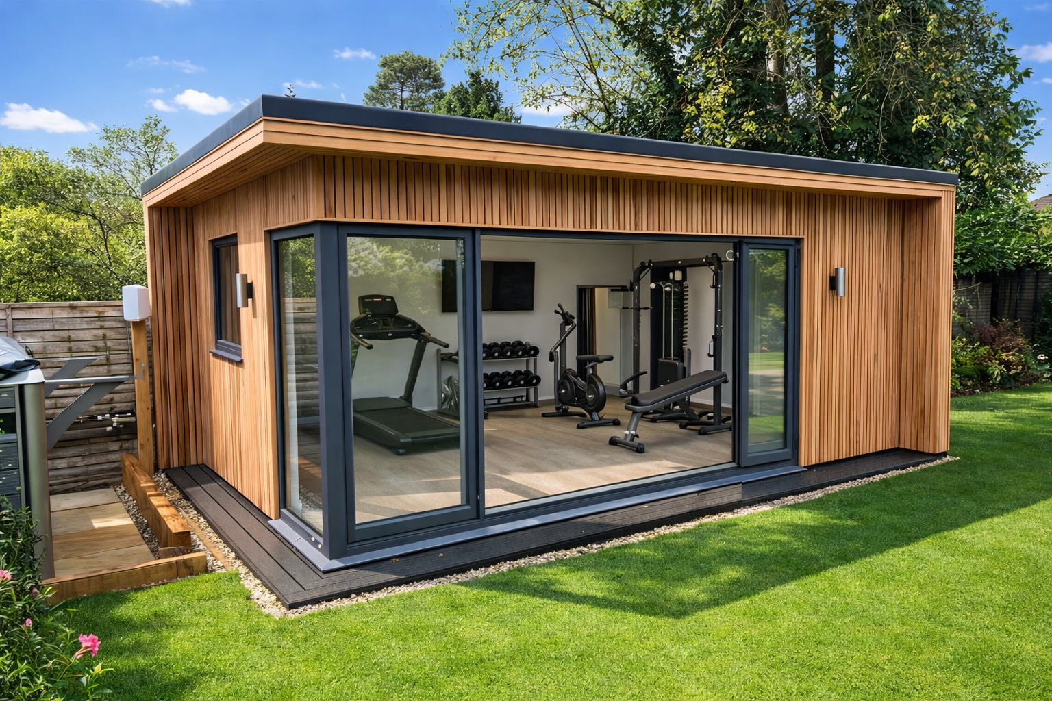 Large bespoke cedar garden room with bifold doors and glass corner design