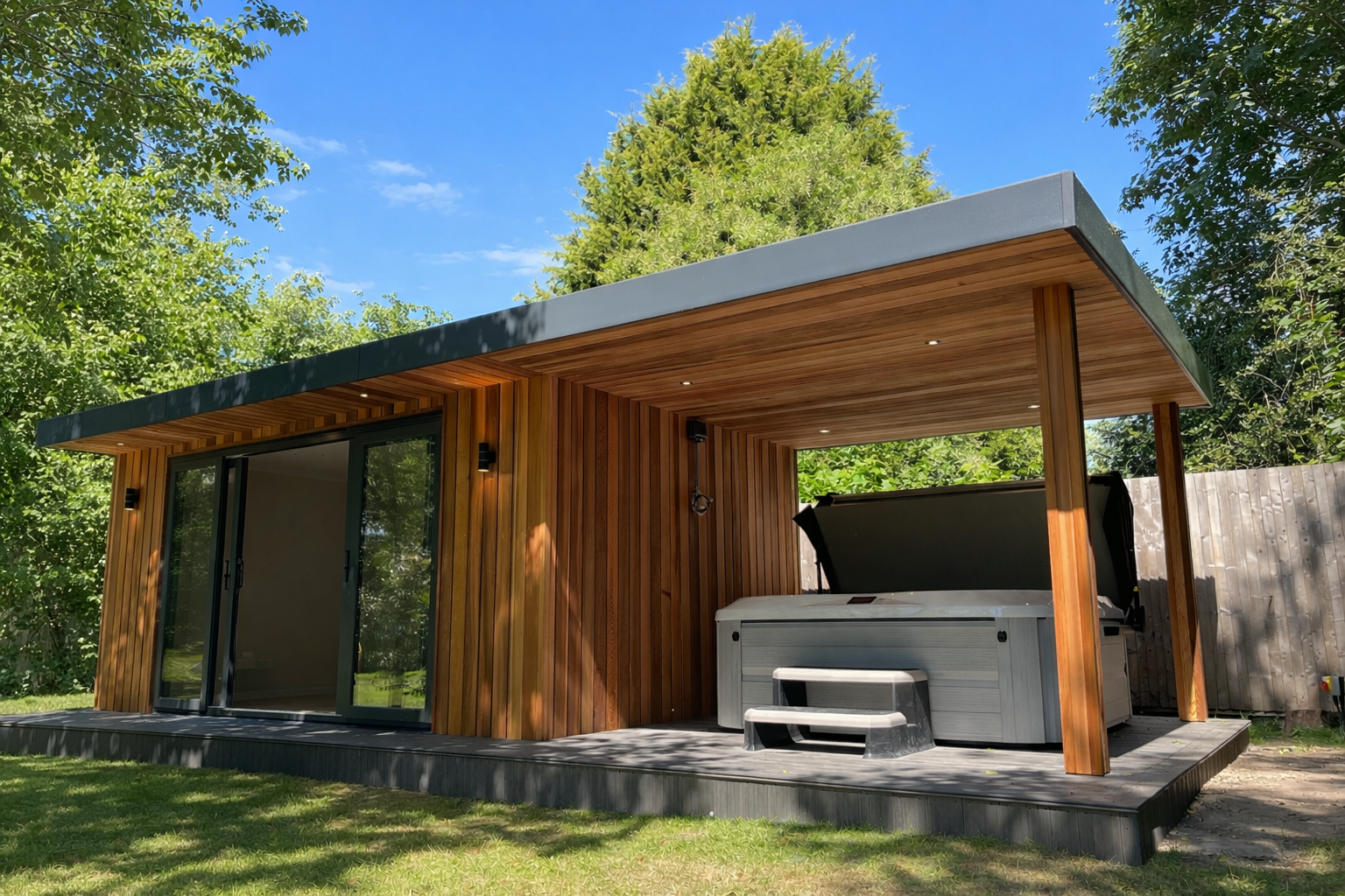 My Retreat garden room in Surrey with bifold doors and stone paving