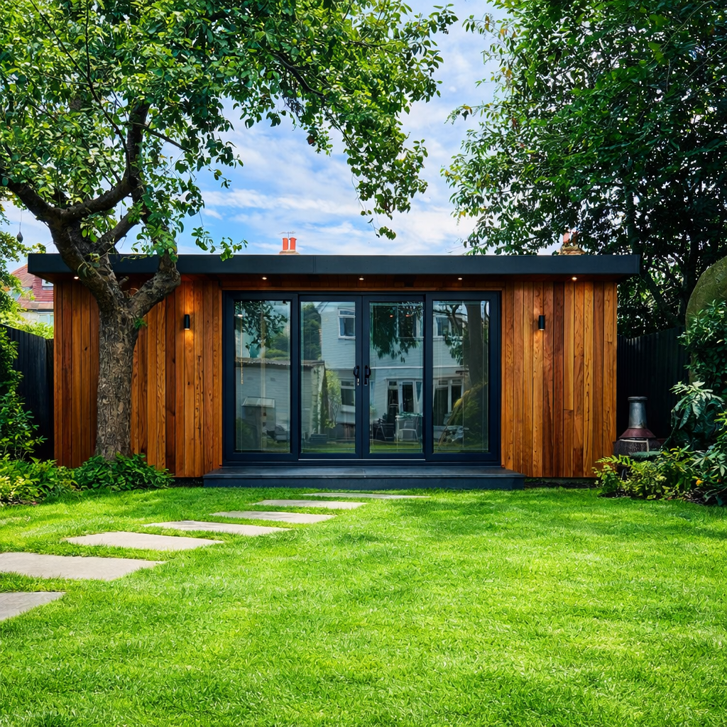 Garden room setup as a home gym