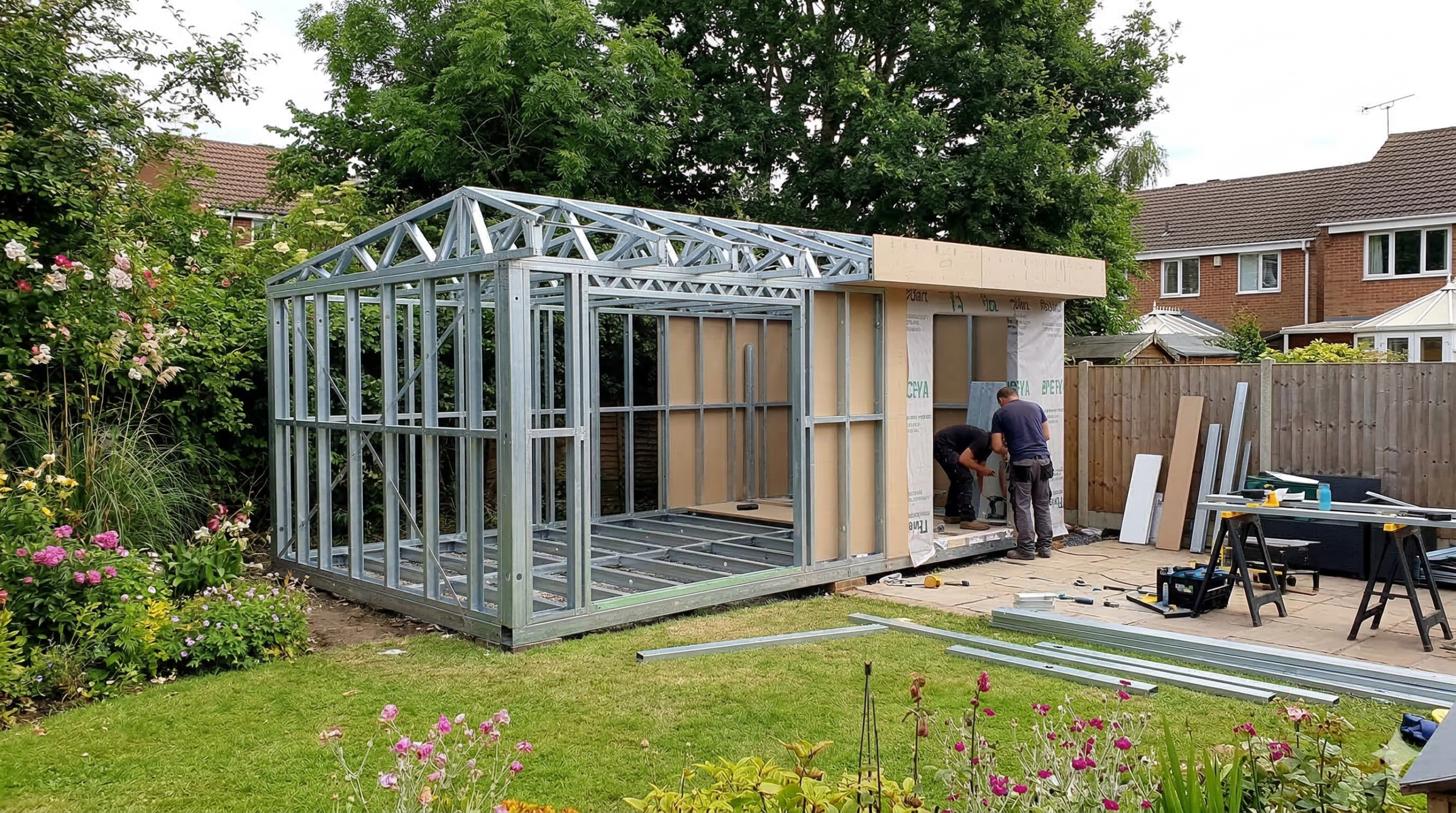 Steel frame garden room structure before cladding and insulation installation