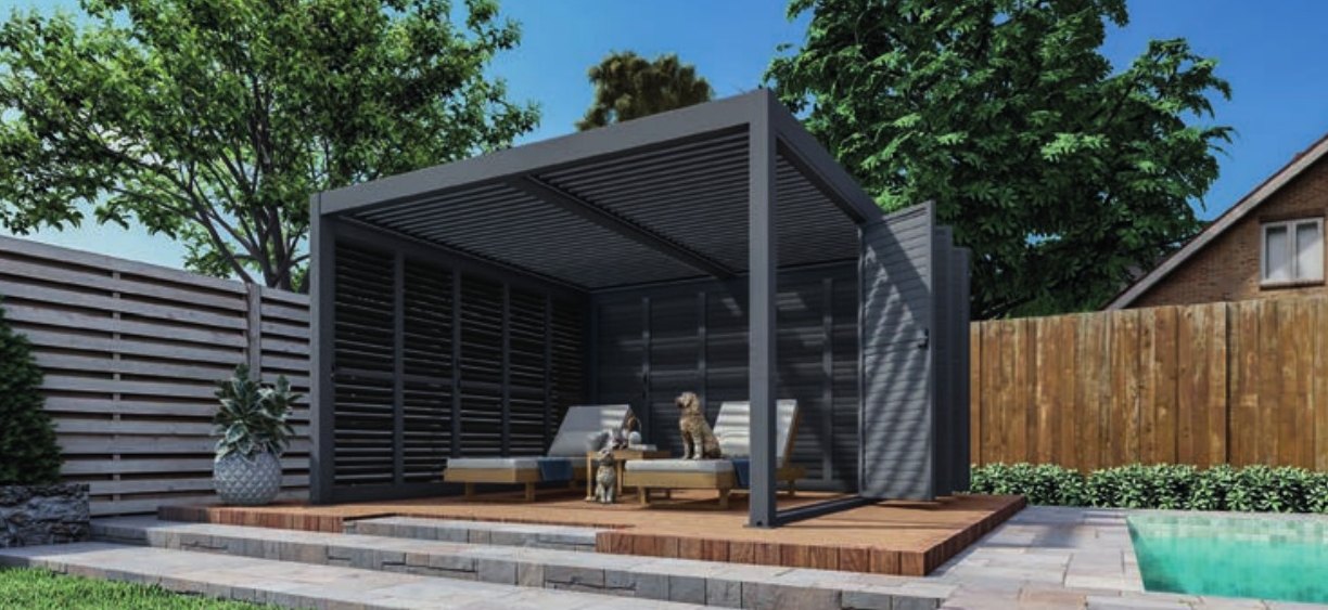 Remanso 4m x 4m free-standing pergola on decking by a pool