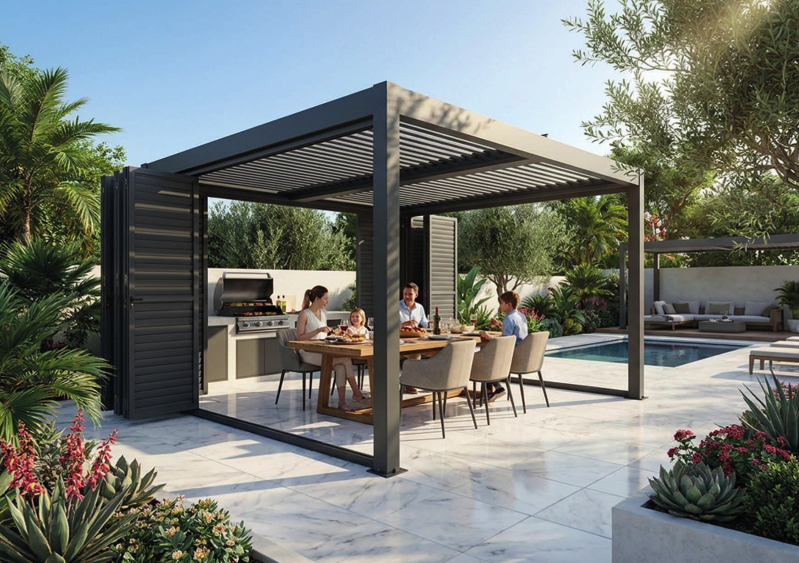 Remanso pergola with adjustable shutter panel over an outdoor kitchen
