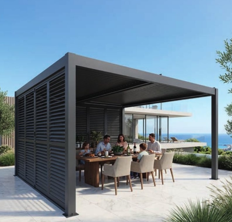 Remanso adjustable shutter panels on the side of a pergola