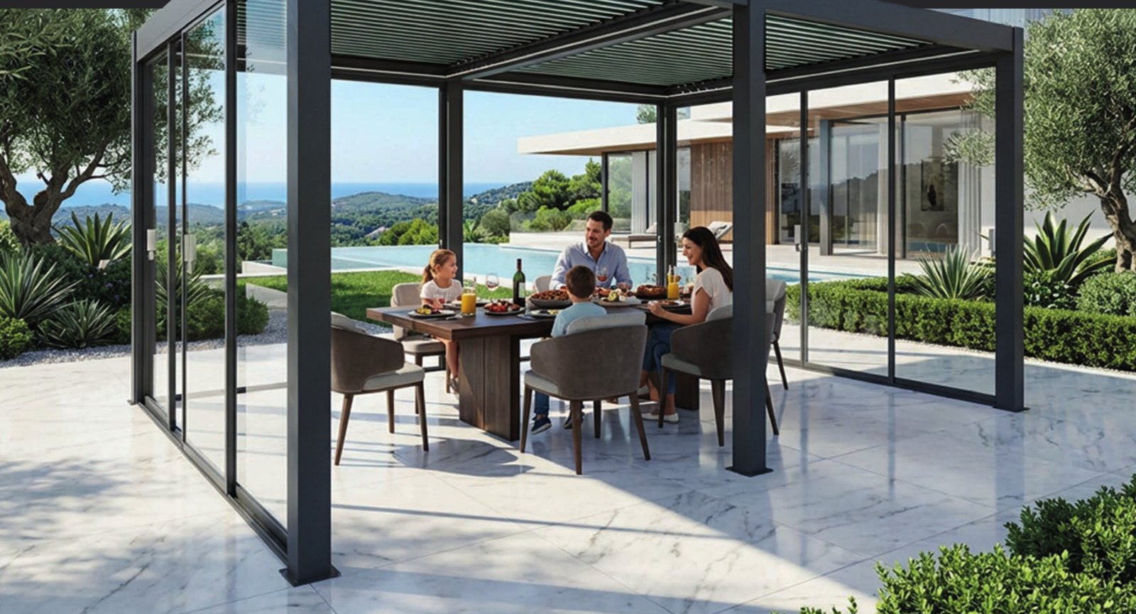 Remanso louvred pergola with glass doors over a dining terrace
