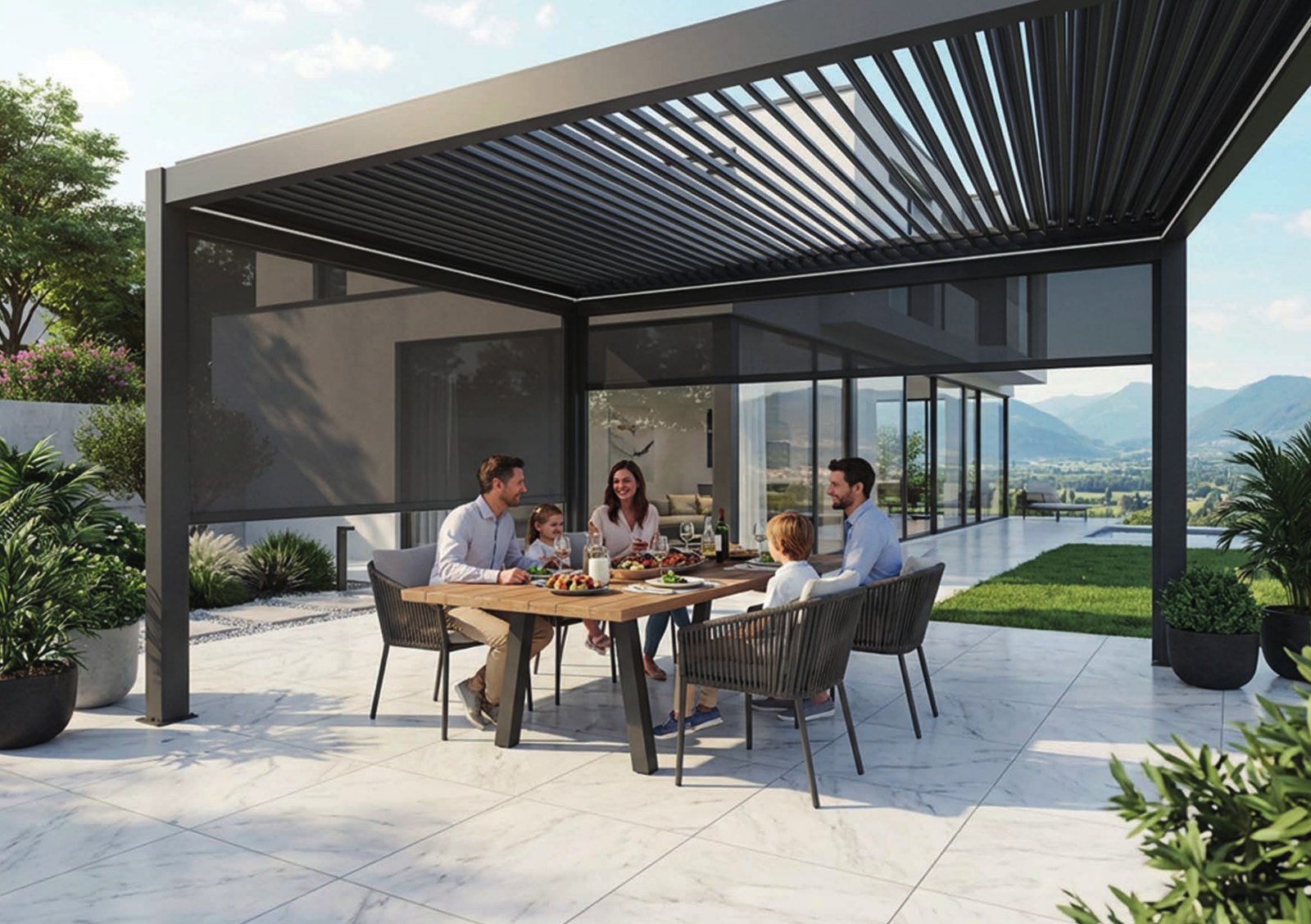 Family dining under a Remanso motorised louvred pergola