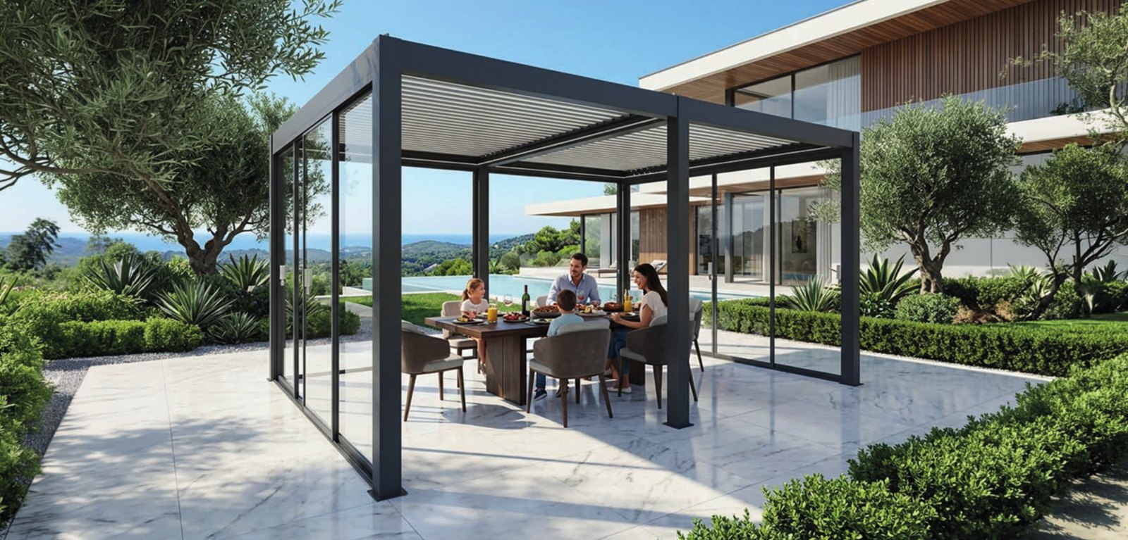 Remanso anthracite pergola on a patio with sea view