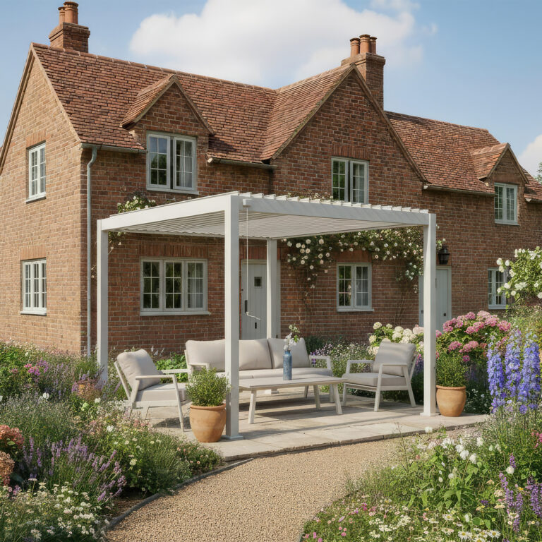 Titan aluminium pergola in Pebble beside a brick house