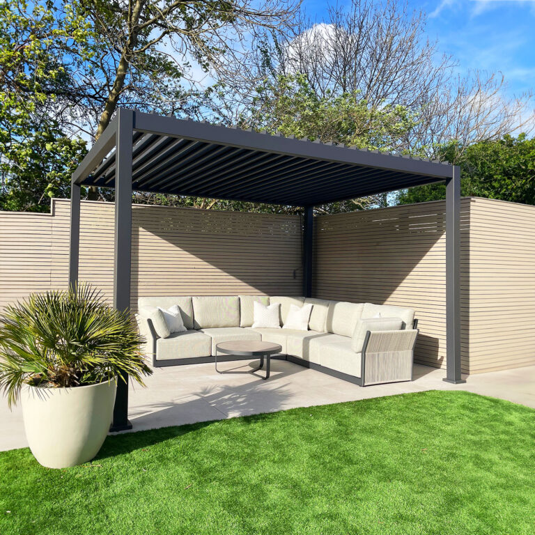 4m x 3.6m grey aluminium louvred pergola over a garden lounge set