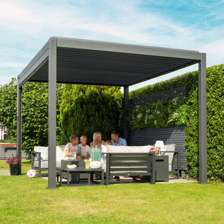 4m x 3m grey aluminium louvred pergola over an outdoor dining area