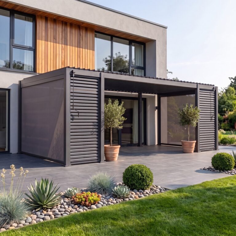 6m x 3m grey aluminium pergola with louvred side walls outside a modern house