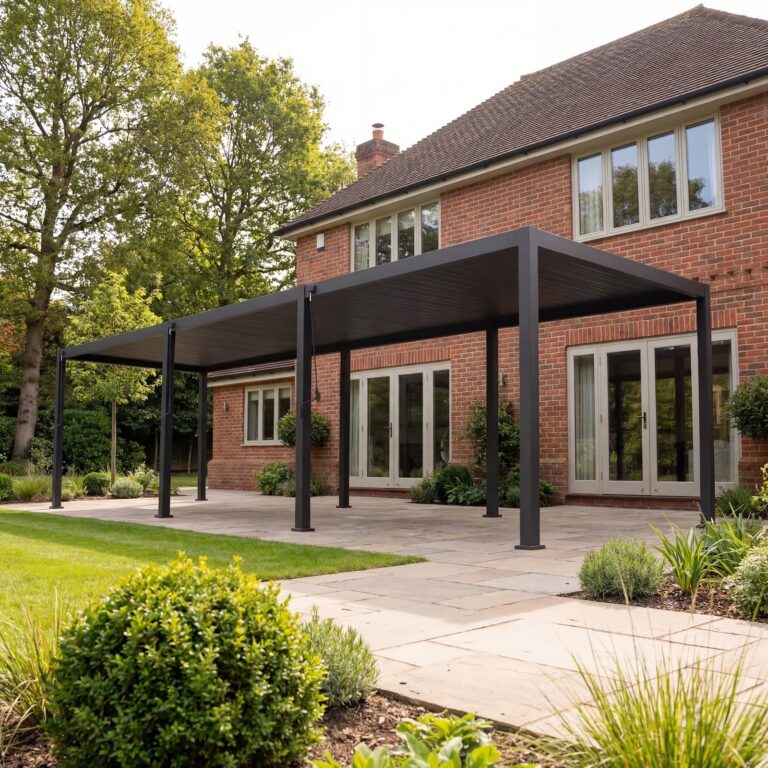Large 9m x 3m grey aluminium louvred pergola along the back of a house