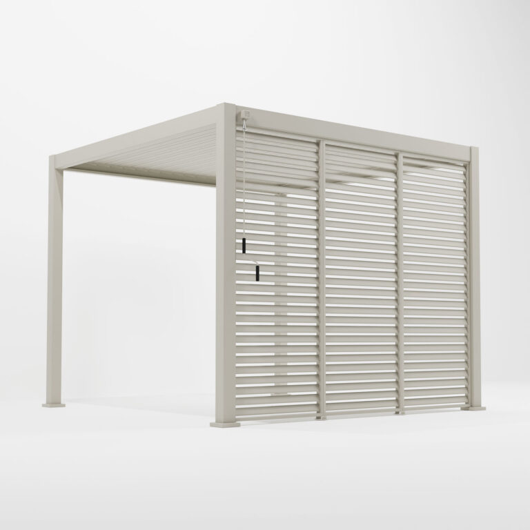 Pebble aluminium pergola with a fixed louvred side wall