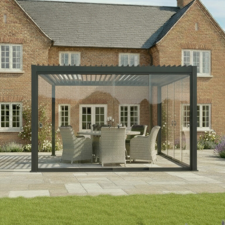 Grey aluminium louvred pergola enclosed with glass sliding doors on a patio outside a brick house