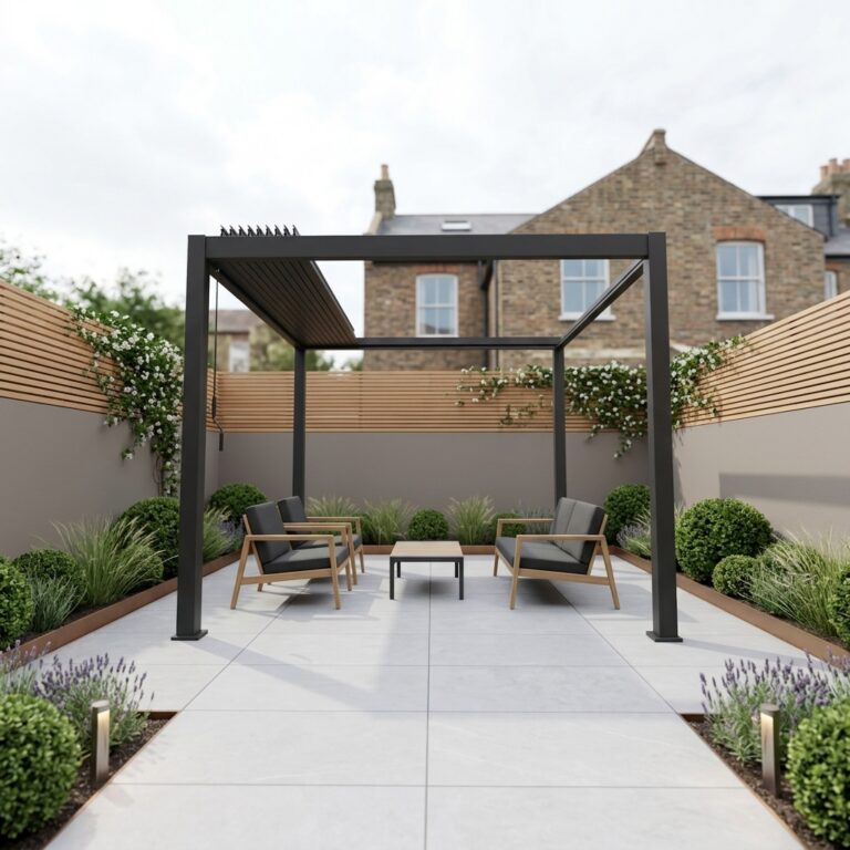 Titan SkyView aluminium pergola with a retractable roof in a courtyard garden