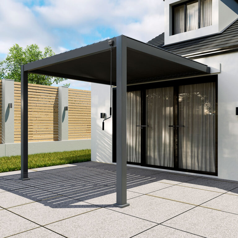 Titan wall-mounted aluminium pergola fixed to the back of a house